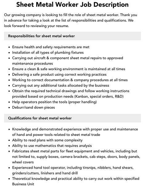 sheet metal fabricator job|sheet metal worker requirements.